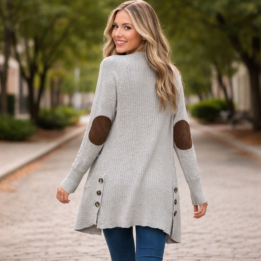 Oatmeal Knit Cardigan Front Pockets Brown Elbow Pads Button Up on Sides Sz. S